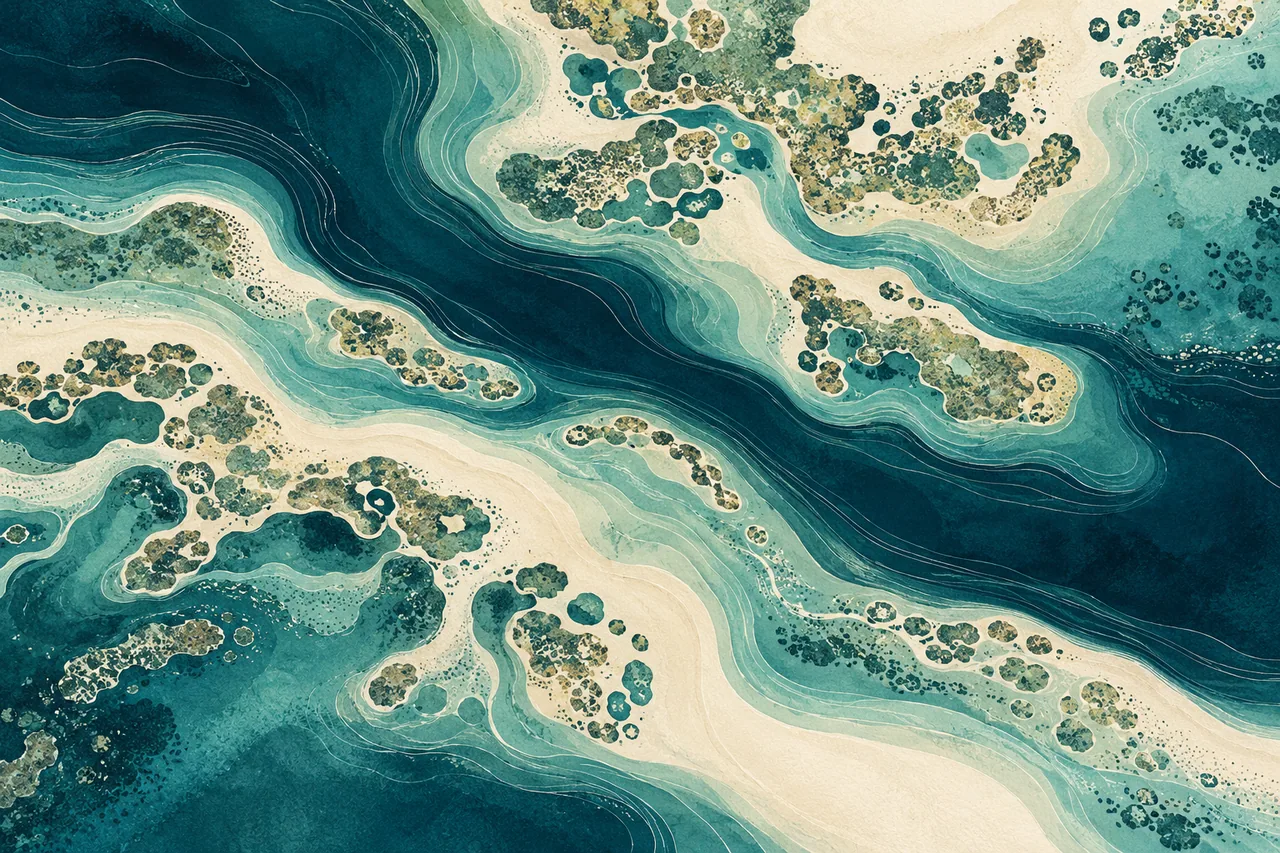 Ilustração autoral de curvas de maré e recifes, criada com IA. Composição abstrata.