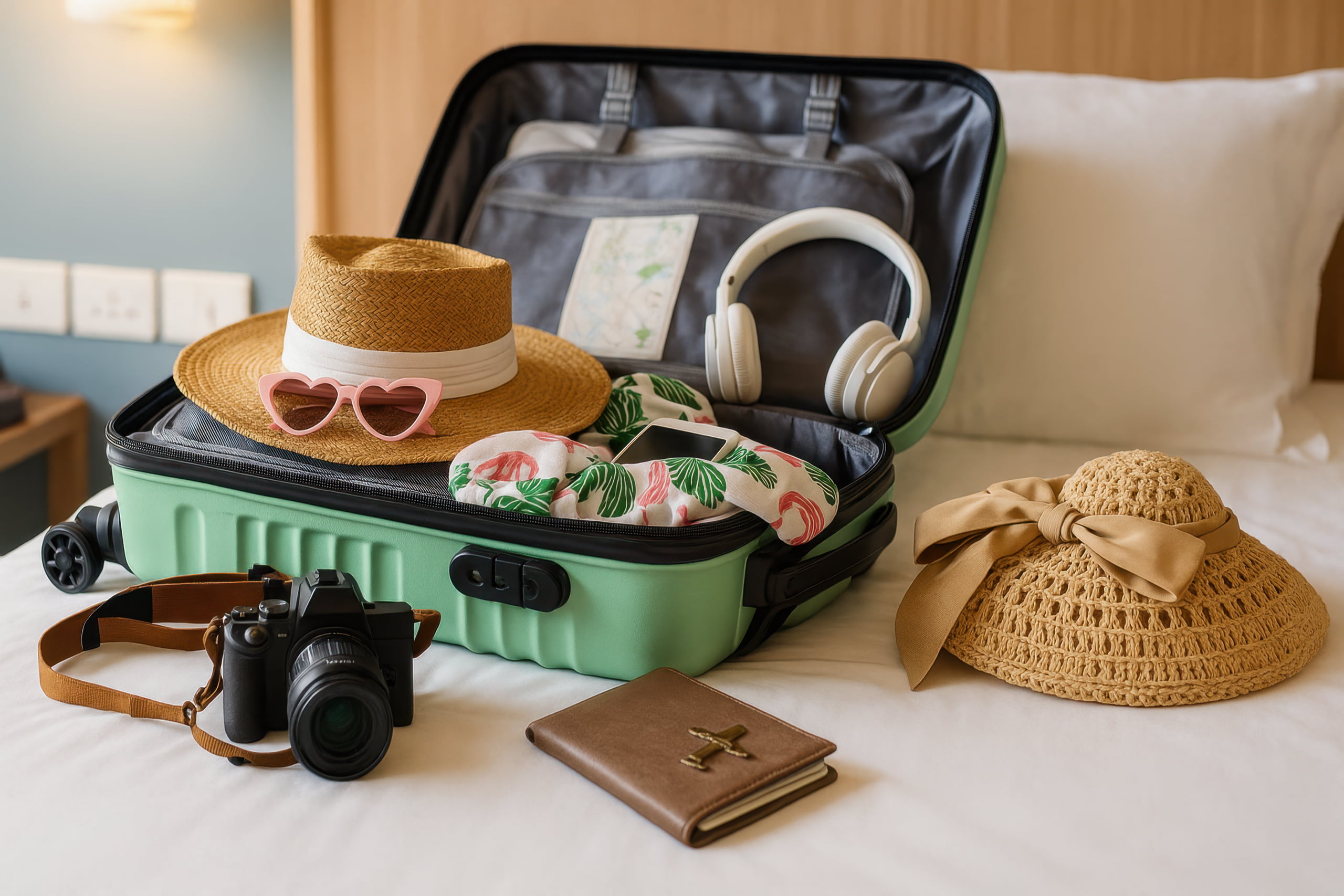 Mala de viagem aberta sobre uma cama, com itens de férias como chapéu, óculos de sol, câmera e passaporte, simbolizando o planejamento da jornada.