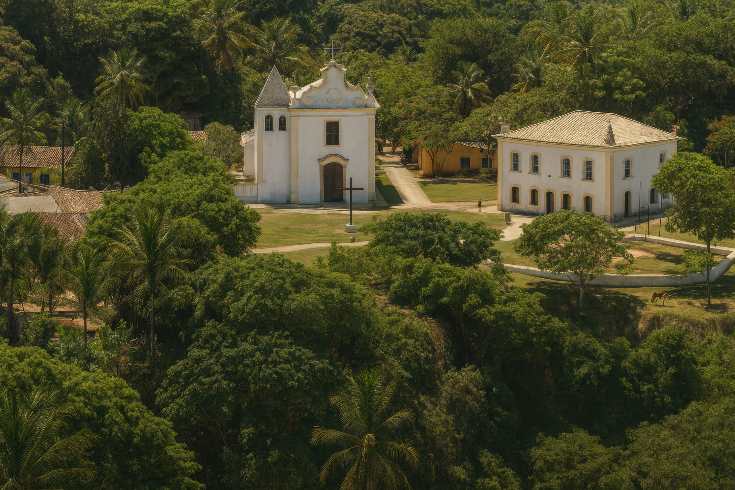 Vista aérea da Cidade Histórica de Porto Seguro, destacando a igreja e edifícios coloniais cercados por vegetação.