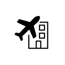 Ícone de um avião alinhado a um prédio, simbolizando a logística integrada do aeroporto ao hotel.