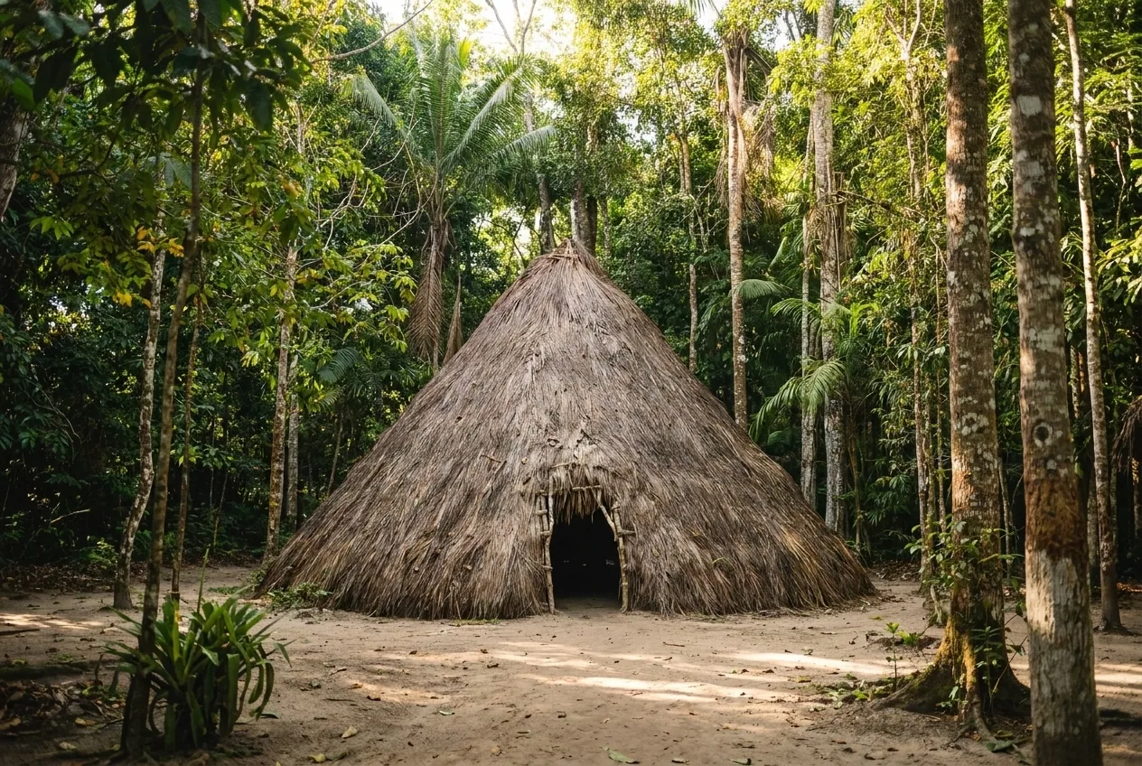 Kijeme tradicional Pataxó coberto de palha de piaçava em clareira de Mata Atlântica preservada na Reserva da Jaqueira, em Porto Seguro.