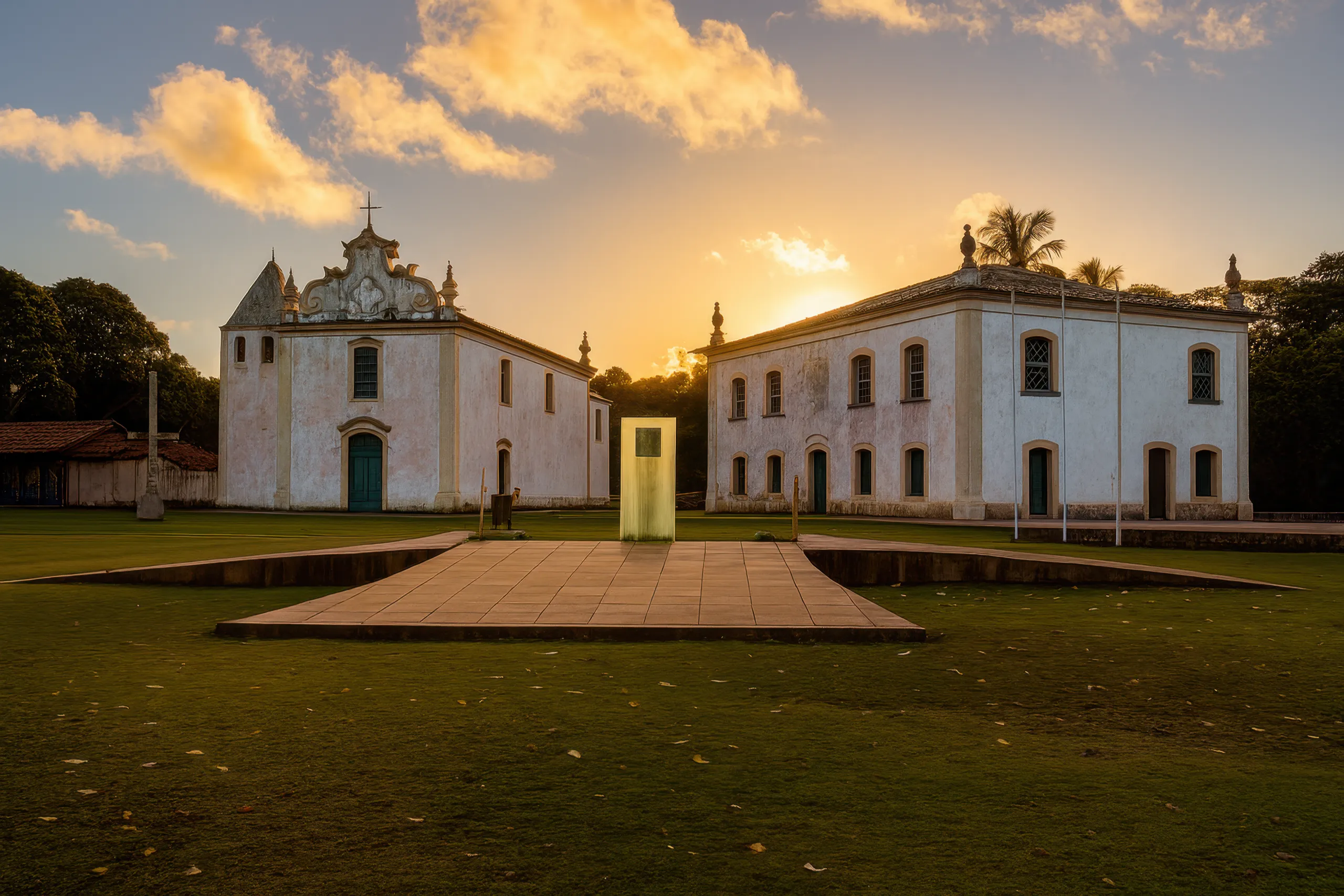 Edifícios históricos da Cidade Alta de Porto Seguro banhados pela luz dourada do pôr do sol.