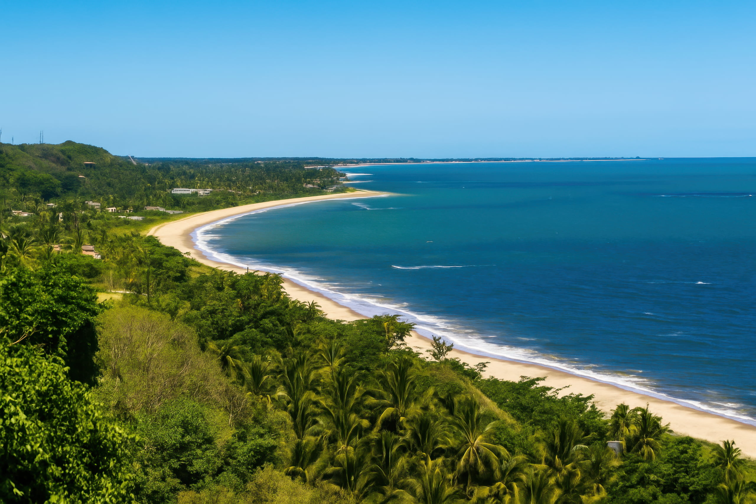 Vista panorâmica da exuberante costa de Porto Seguro, exibindo uma longa faixa de areia dourada e o mar azul.