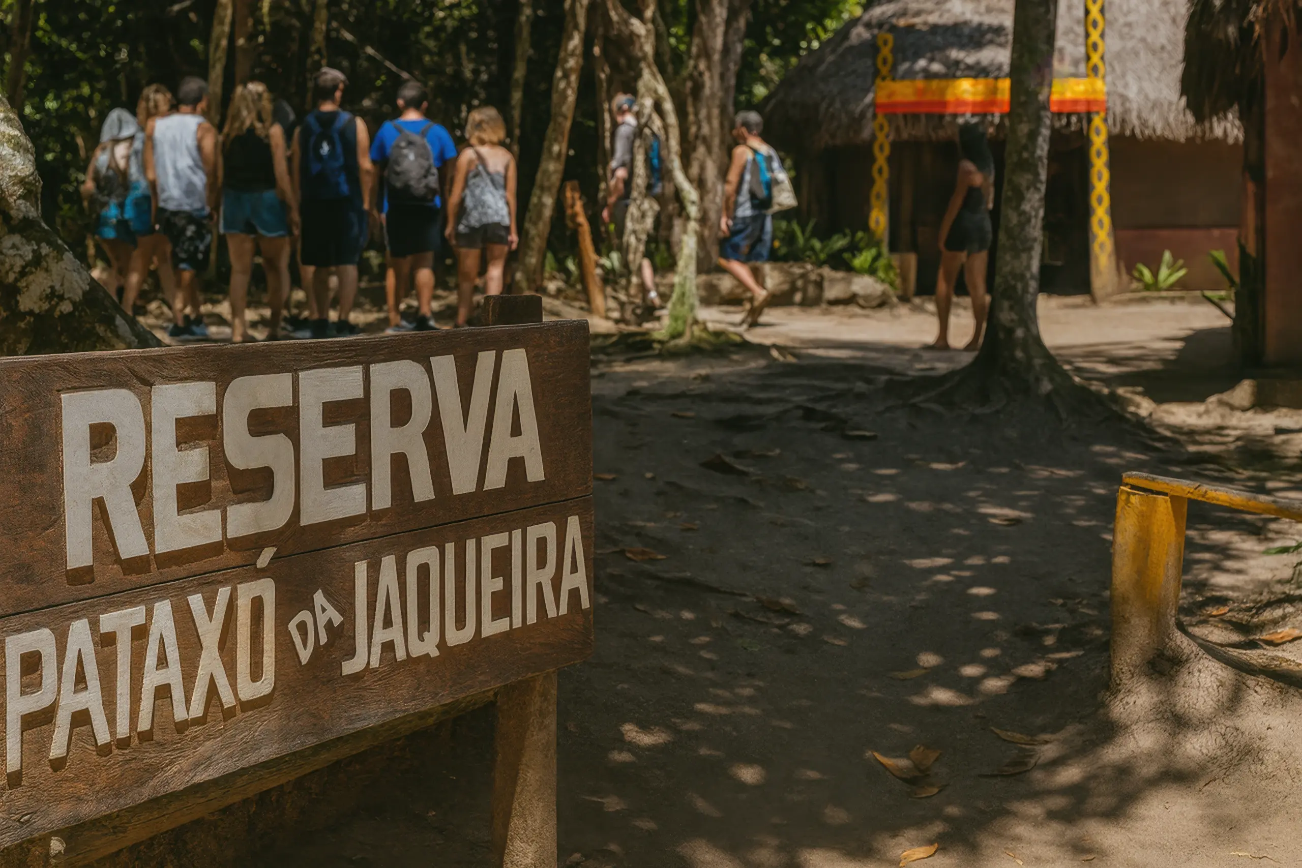Placa de madeira entalhada com os dizeres 'Reserva Pataxó da Jaqueira', com a aldeia ao fundo.