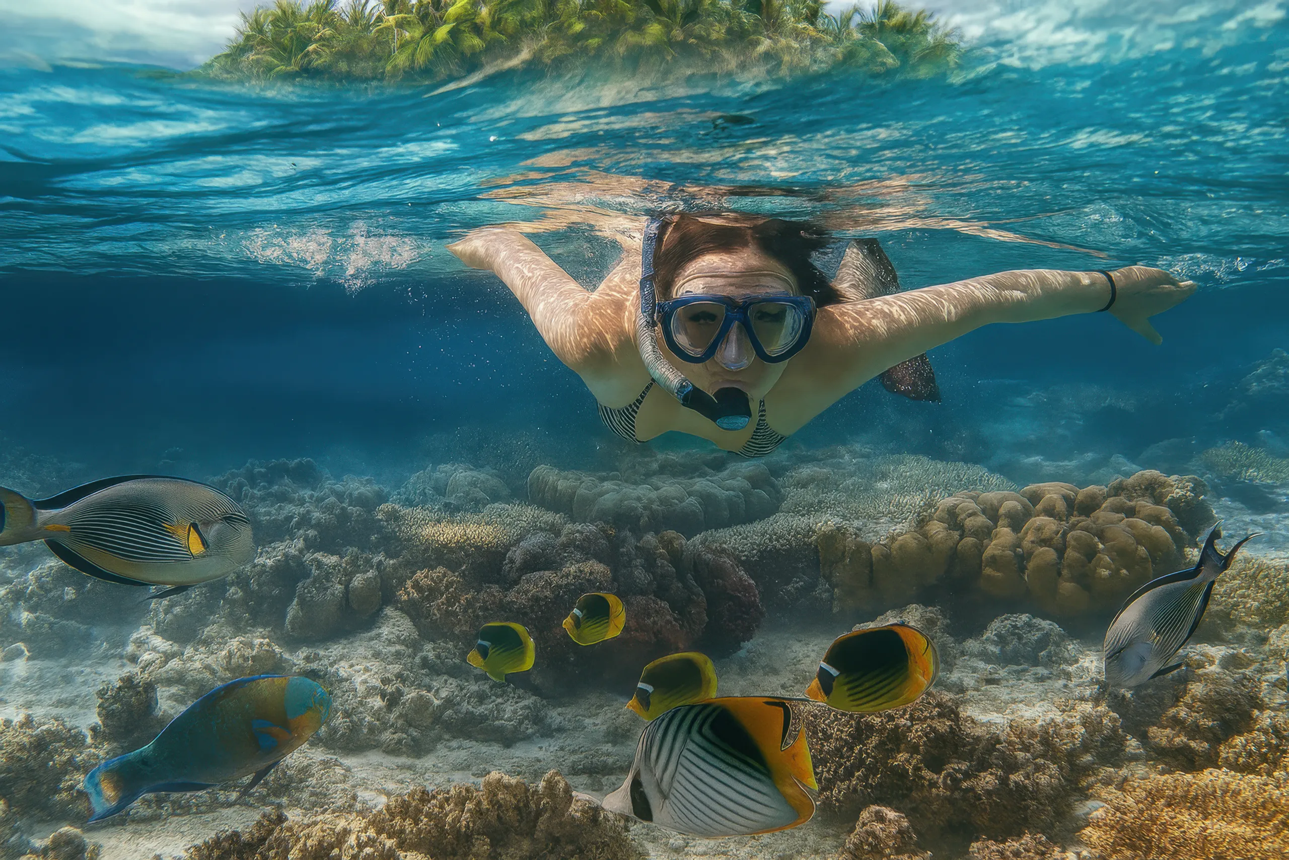 Mergulhadora explorando um recife de coral vibrante, rodeada por peixes tropicais coloridos.
