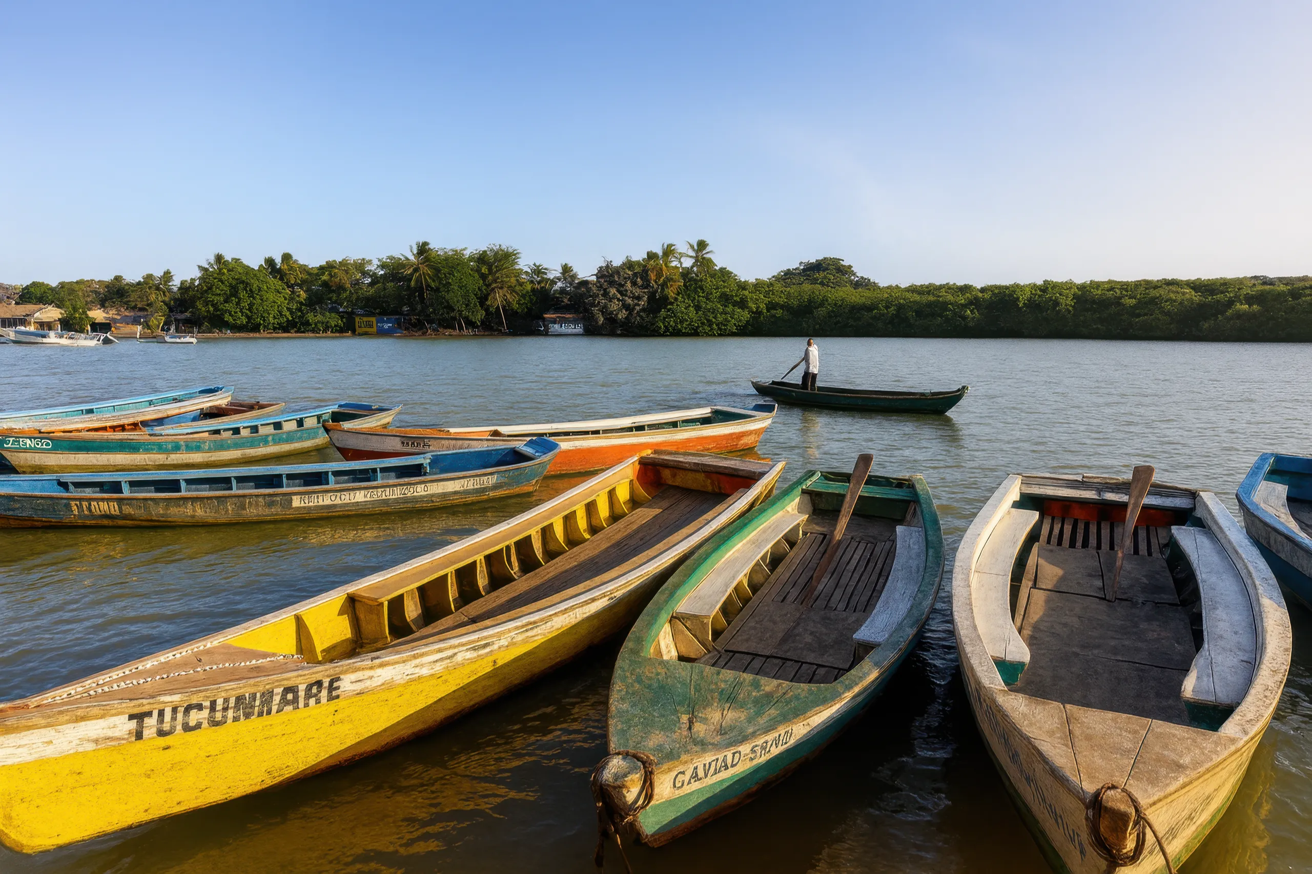 Canoas coloridas ancoradas nas águas calmas do Rio Caraíva, refletindo o ambiente rústico do vilarejo.