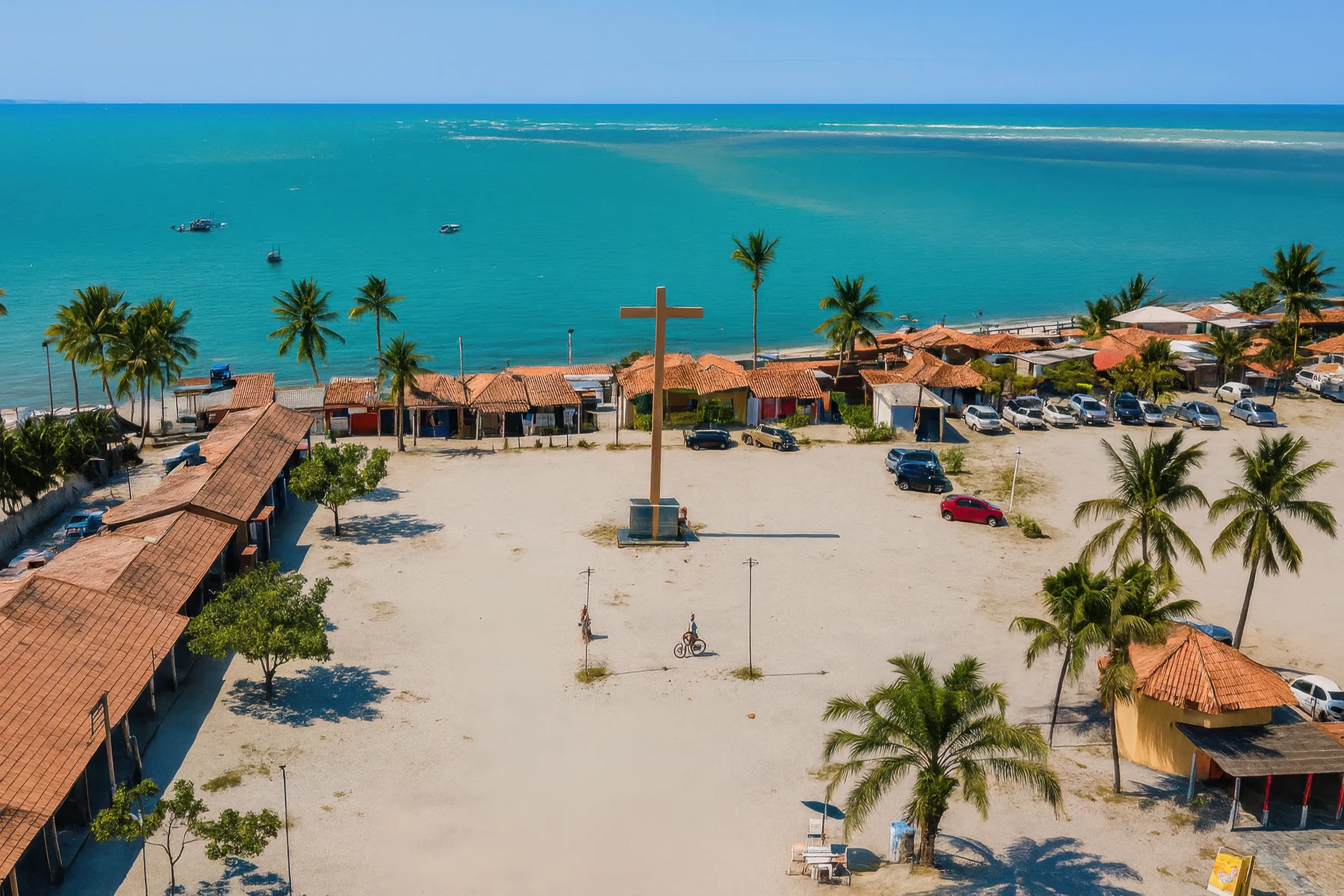 Visão aérea da cruz do descobrimento e da praia de Coroa Vermelha, um marco histórico-cultural.