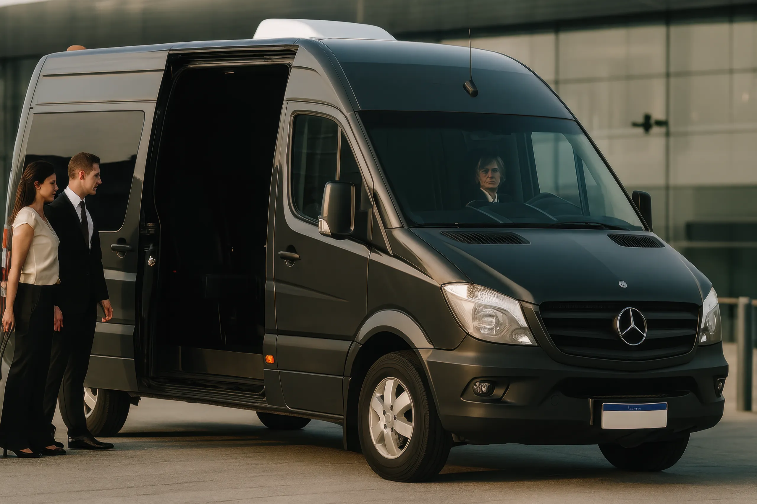 Motorista profissional aguardando passageiros elegantemente vestidos ao lado de uma van de luxo para transporte de eventos.