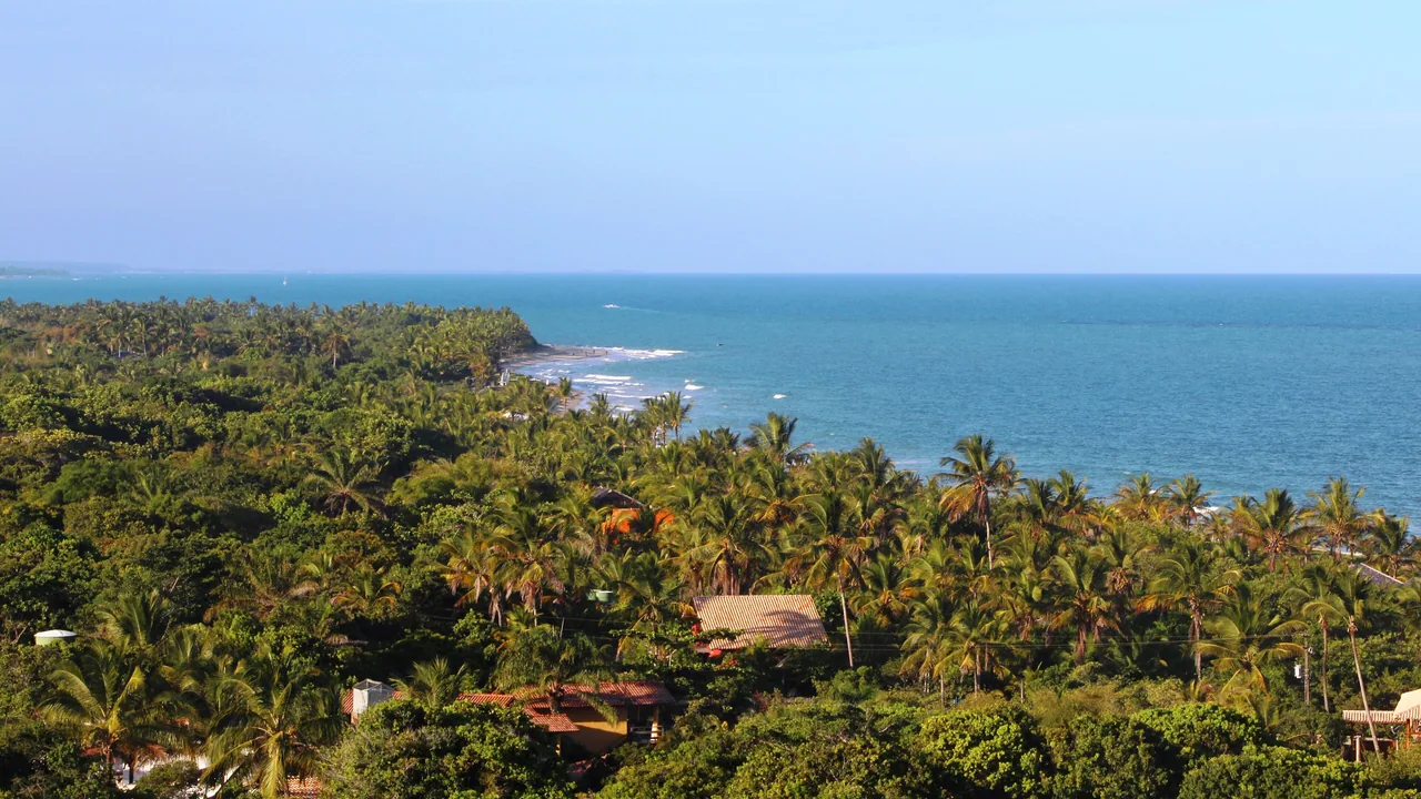 Praia e coqueiral vistos do alto do Quadrado de Trancoso.